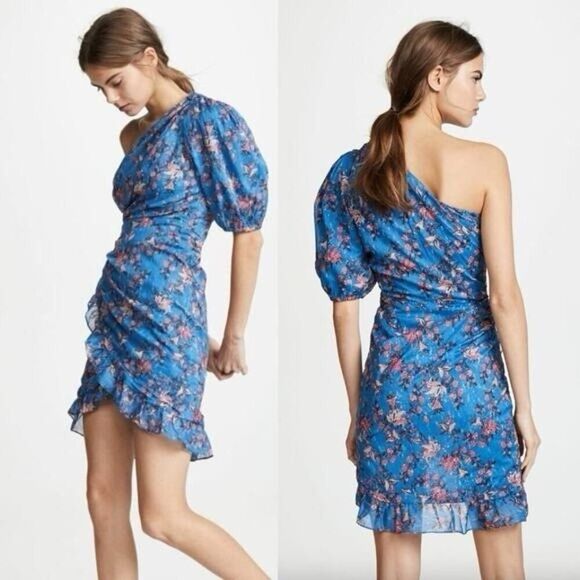 Isabel Marant Étoile Esther Blue Floral One Shoulder Dress Size US 2 XS - Picture 2 of 15